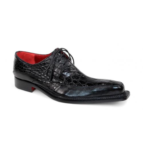 Fennix Italy "Frank" Black Genuine Alligator / Italian Calfskin Leather Lace-Up Oxford Dress Shoes.